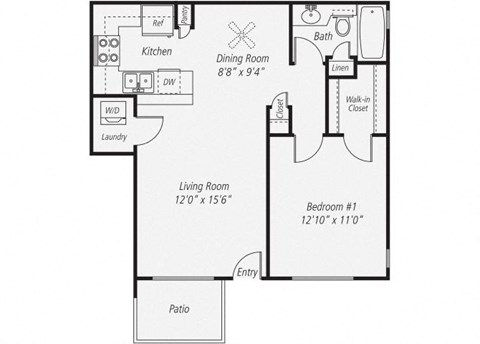 670 sq.ft. One Bedroom Renovated Floor plan, at Park Pointe, 2450 Hilton Head Place
