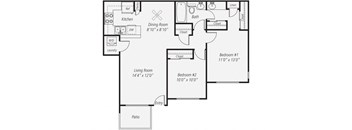 900 sq.ft. Two Bedroom/One Bath Floor plan, at Park Pointe, 2450 Hilton Head Place, CA