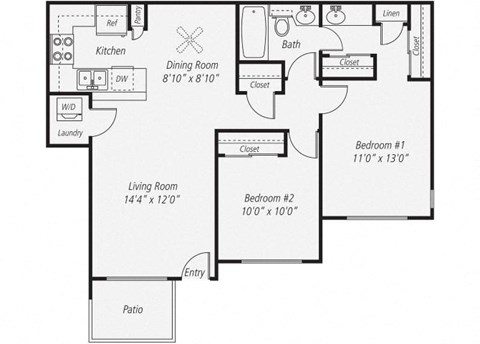 900 sq.ft. Two Bedroom/One Bath Floor plan, at Park Pointe, 2450 Hilton Head Place, CA