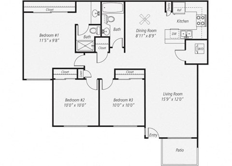 1095 sq.ft. Three Bedroom Renovated Floor plan, at Park Pointe, El Cajon, California