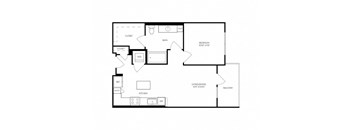 A floor plan of a home with a bedroom, bathroom, kitchen, and living/dining area.