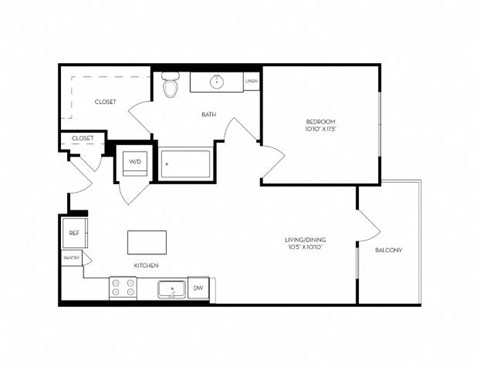 A floor plan of a home with a bedroom, bathroom, kitchen, and living/dining area.
