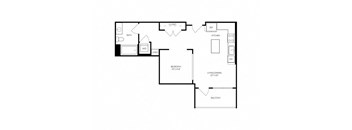 A floor plan of a home with a living area, dining area, kitchen, and two bedrooms.