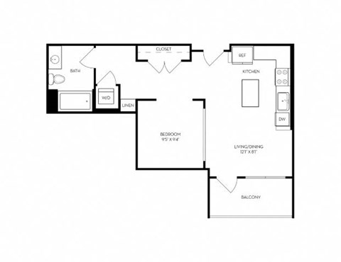 A floor plan of a home with a living area, dining area, kitchen, and two bedrooms.