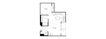 A floor plan of a house with a bedroom, a kitchen, a dining area, and a balcony.