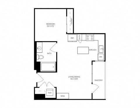 A floor plan of a house with a bedroom, a kitchen, a dining area, and a balcony.