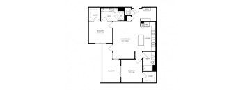 A black and white floor plan of a house with a kitchen, living room, and two bedrooms.