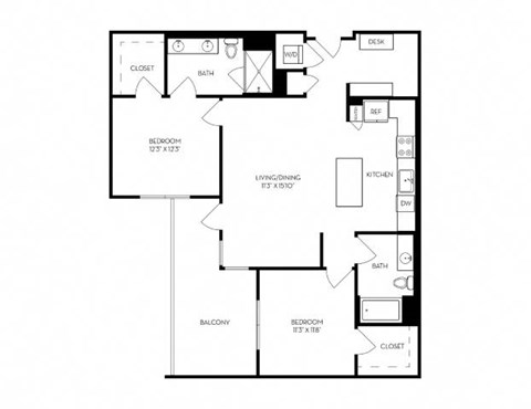 A black and white floor plan of a house with a kitchen, living room, and two bedrooms.