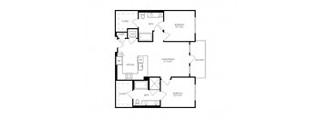 A floor plan of a house with a living room, dining room, kitchen, two bedrooms, and a balcony.