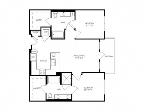 A floor plan of a house with a living room, dining room, kitchen, two bedrooms, and a balcony.