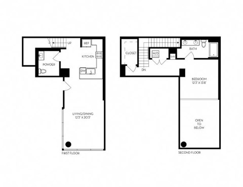A floor plan of a two-story house with a living room, kitchen, and bathroom.