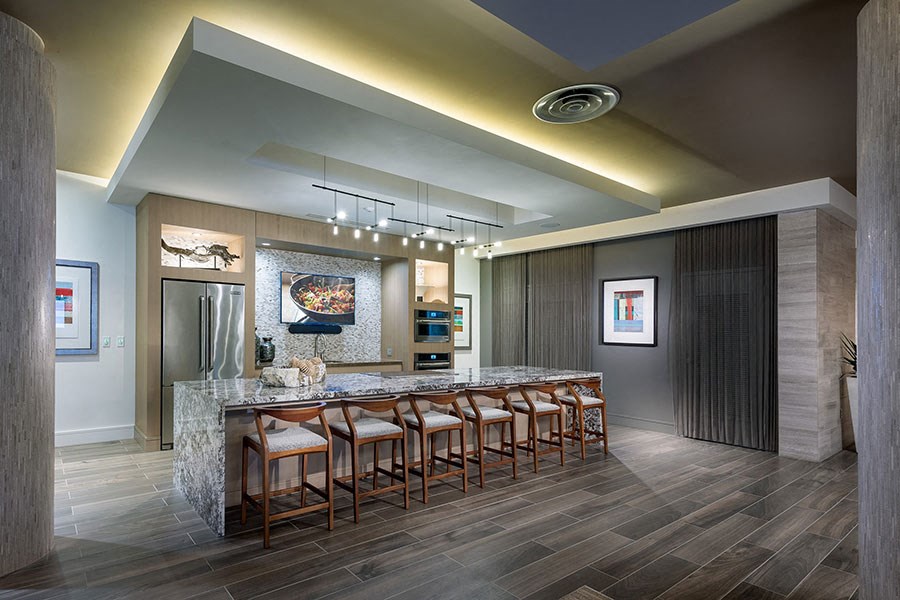 clubhouse kitchen at Vora Mission Valley, San Diego, 92120