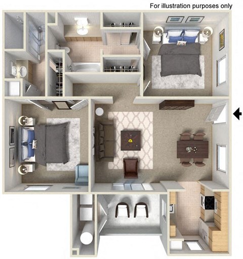 1030 sq.ft. 2 x 2 C Floor plan, at The Landing, San Diego, 92154