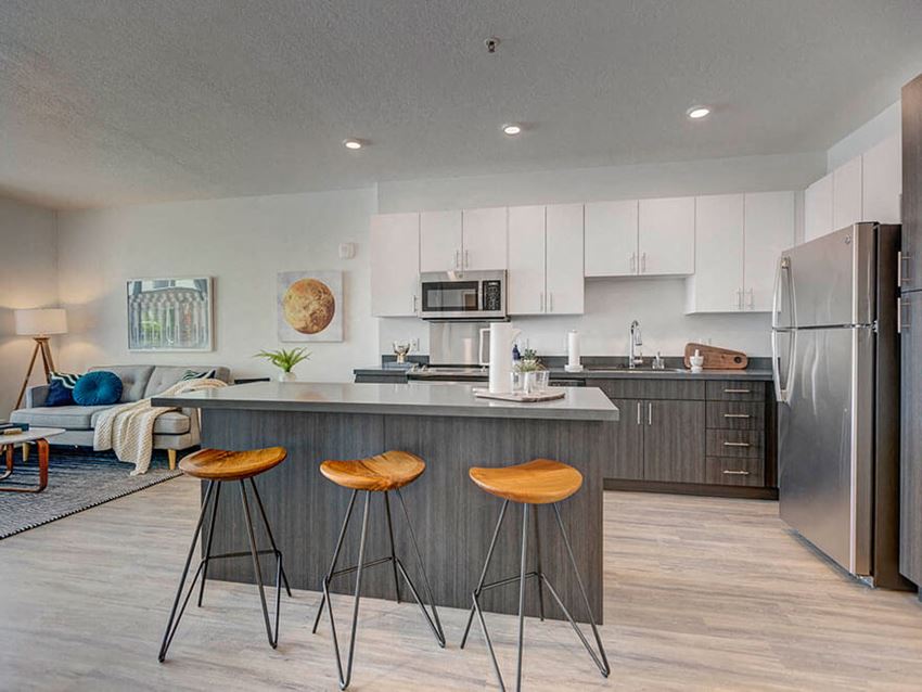 Model apartment home kitchen/island and living room