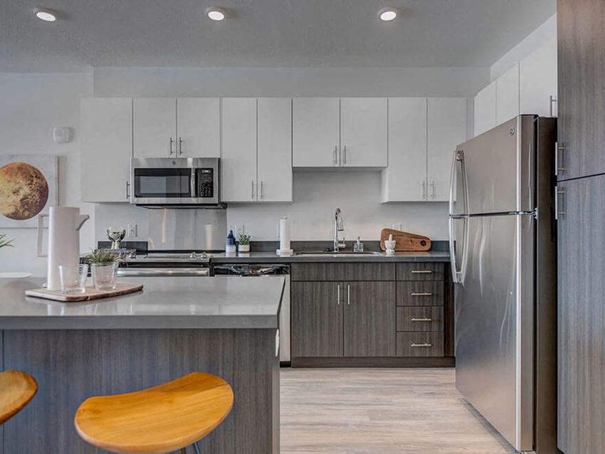 Model apartment home kitchen and island close up