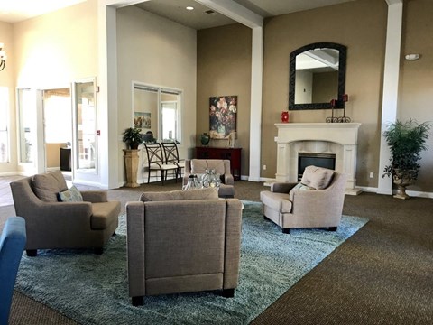 a living room with couches and chairs and a fireplace