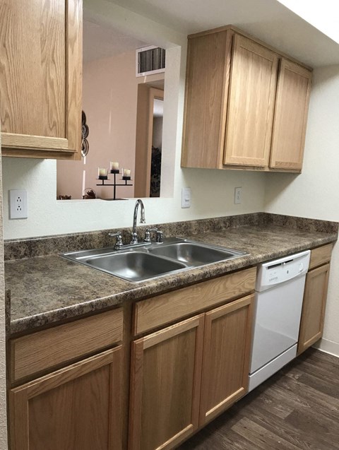 a kitchen with a sink and wooden cabinets
