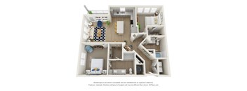 a 3d floor plan of a 2100 sq. ft. apartment