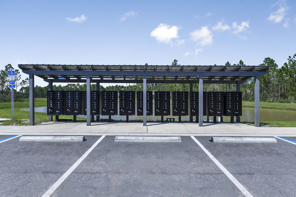 a photo of a parking lot with awnings and a lot of batteries