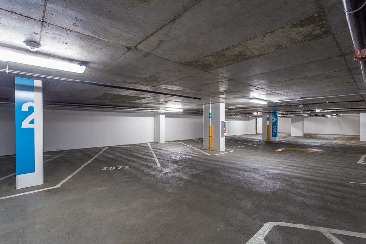 the interior of a parking garage