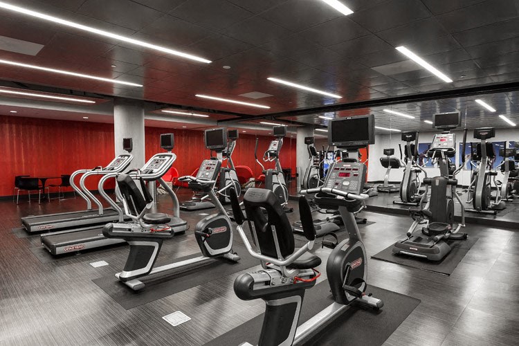 a group of people riding on the back of a bike in a gym