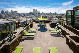 a rooftop lounge with a view of san francisco and the city