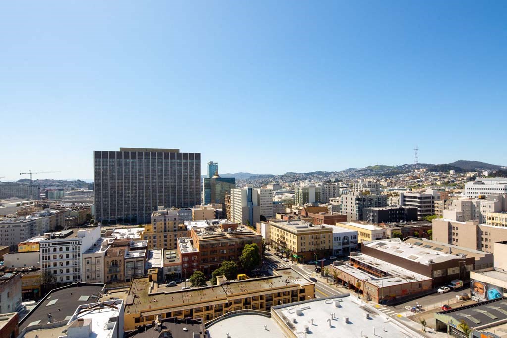 a cityscape of san francisco with a clear blue sky