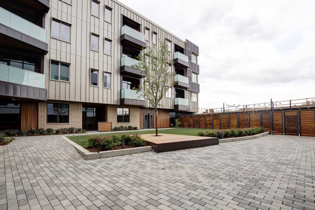 a courtyard with a tree and a bench in front of a building