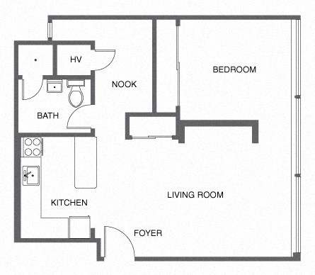 a floor plan of a house with a kitchen and a living room