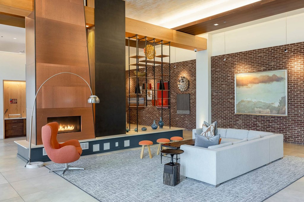 a rendering of a living room with a fireplace