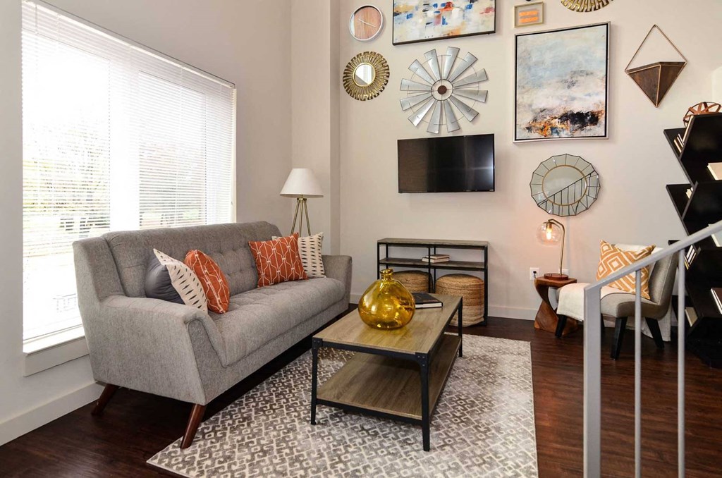 a living room with a couch and a tv in front of a window