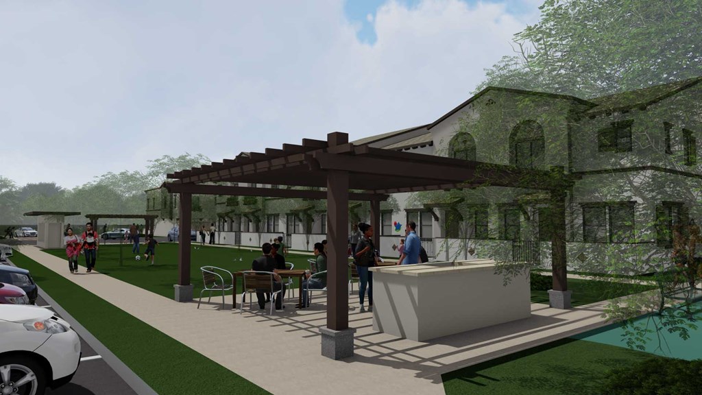 a rendering of the pavilion with people sitting at a table