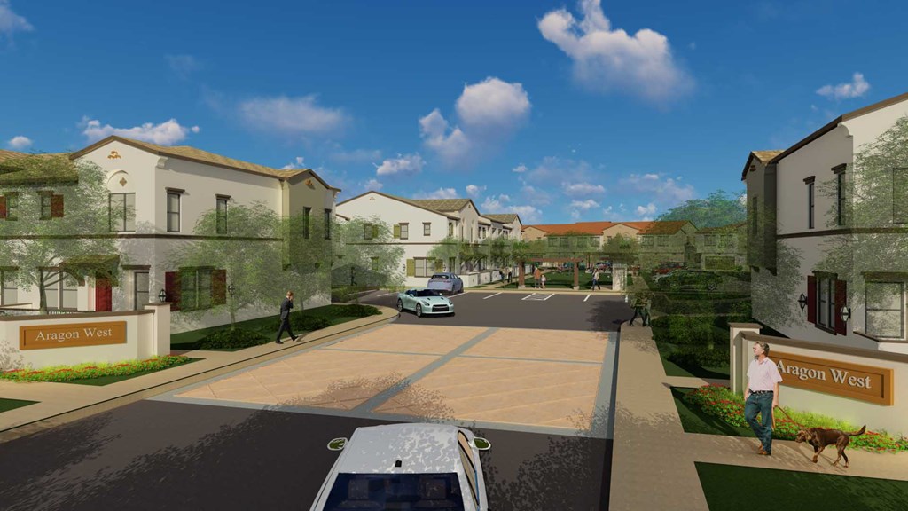 a rendering of a street with houses on each side and people walking on the sidewalk