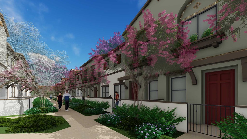 a rendering of a building with pink flowers on the facade