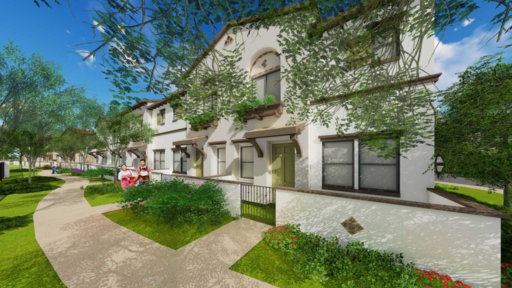 a rendering of a white building with a green lawn and trees in front of it
