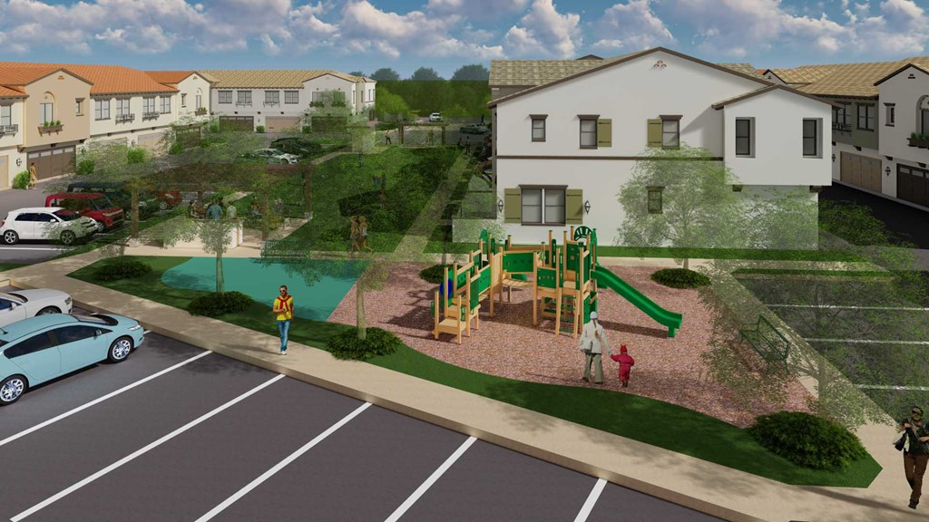 a rendering of a childrens play area in a neighborhood with houses