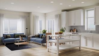 a rendering of a living room and kitchen