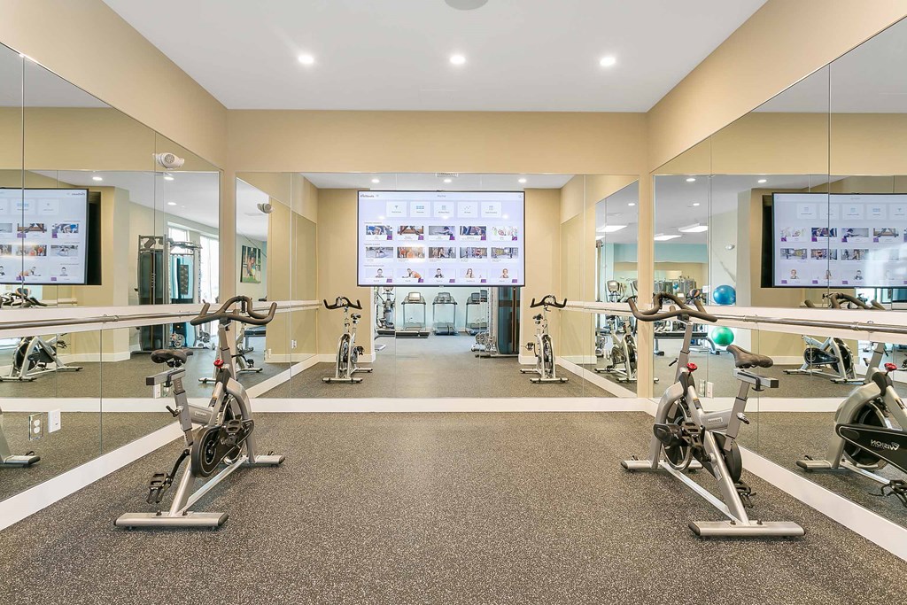 a gym with treadmills and other exercise equipment