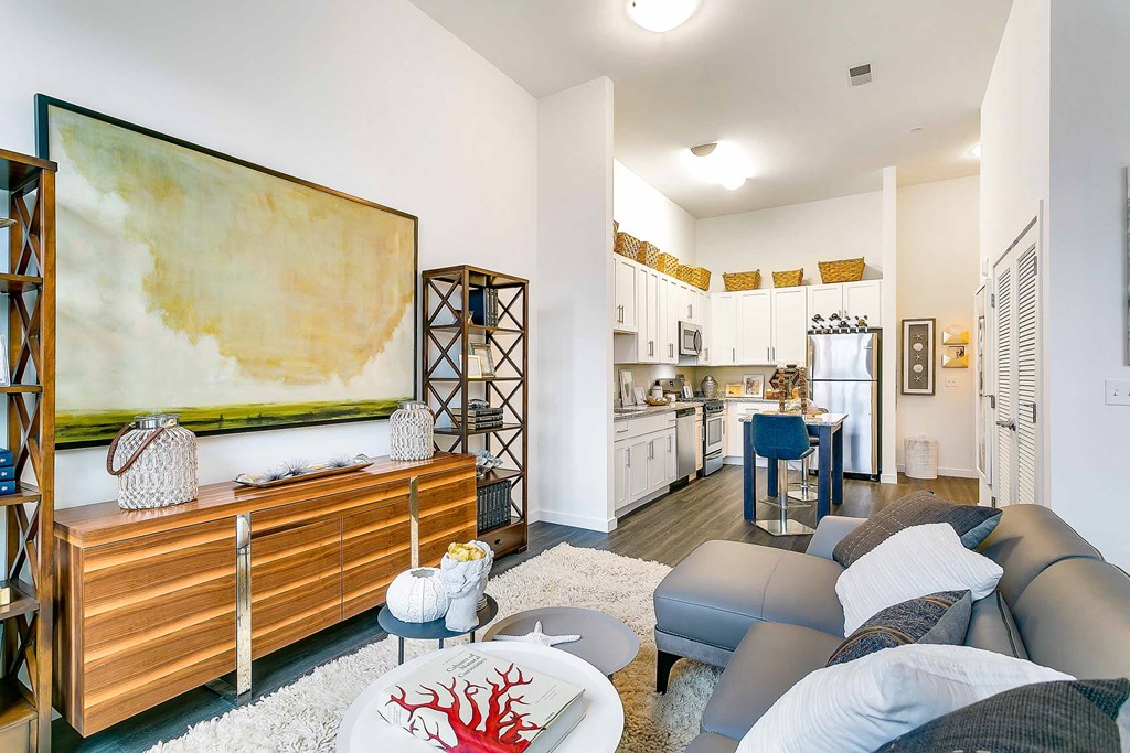 a living room with a couch and a table