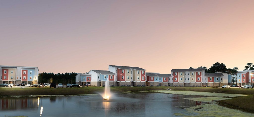 a fountain in a pond in front of a row of houses
