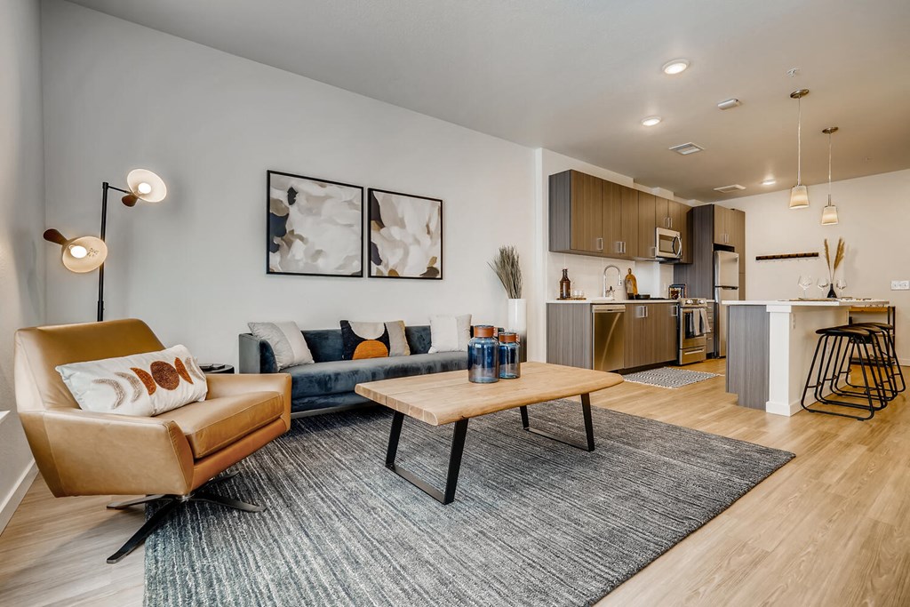 a living room with a couch and a table