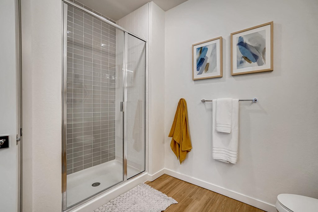 a bathroom with a shower and two pictures on the wall
