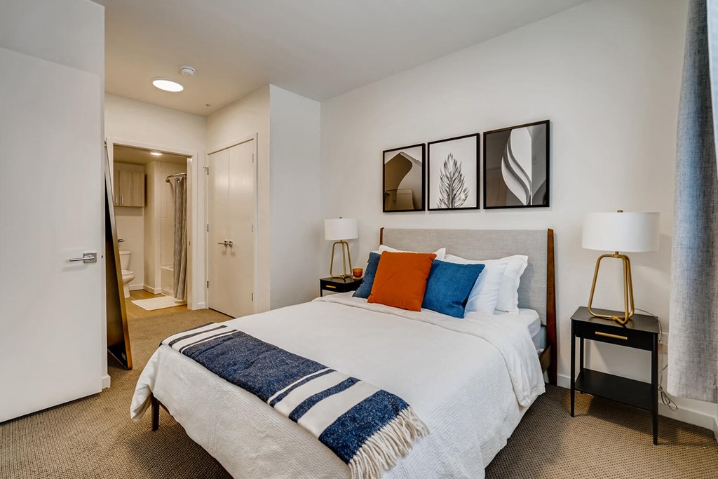 a bedroom with a large bed and a closet