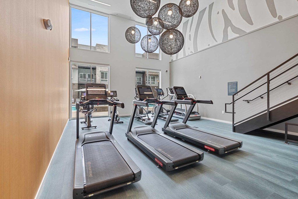 a gym with treadmills and a row of windows