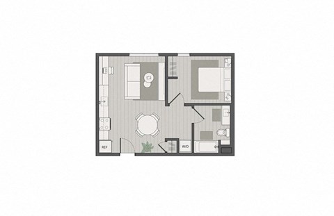 a floor plan of studio apartment with furniture and a white background