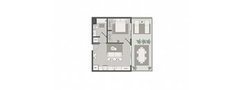 a floor plan of a house with furniture and a tree