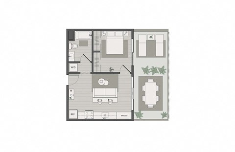 a floor plan of a house with furniture and a tree