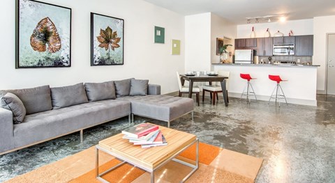 A living room with a grey sofa and a coffee table with magazines on it.