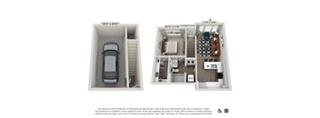 a townhome floor plan with a car and a balcony