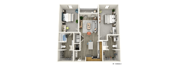 a 3d rendering of a floor plan with a bedroom and a bathroom
